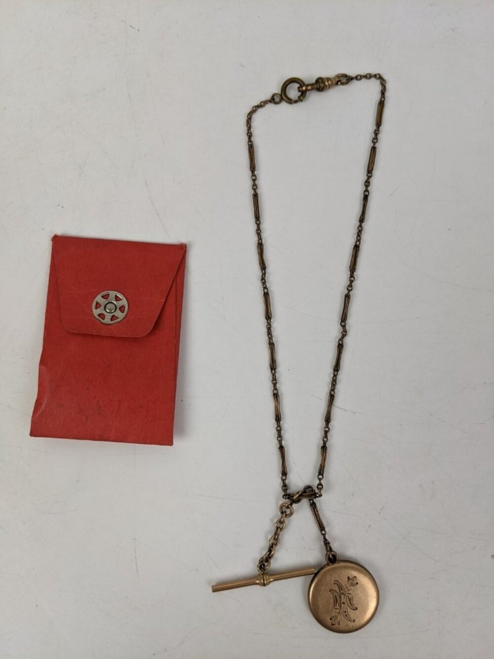 Vintage Antique Victorian? Gold Tone Pocket Watch Chain Fob Bar Floral Locket